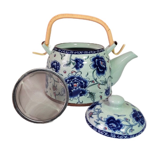 Juego de Té  Diseño Floral Azul Hermosa Caja para Regalo con Tetera 750ml y 6 Vasos de Cerámica