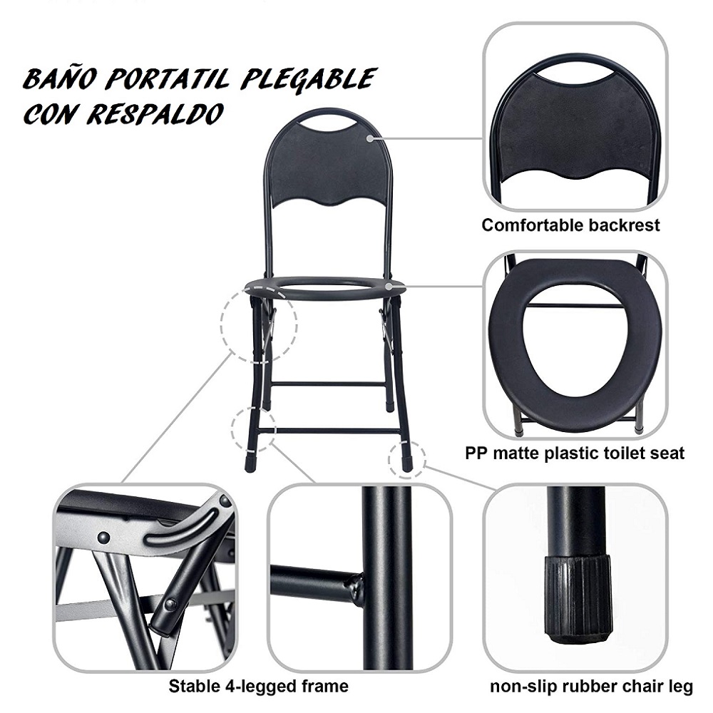 Silla Inodoro Plegable con Respaldo Baño Portatil Campismo Bacinica Adulto
