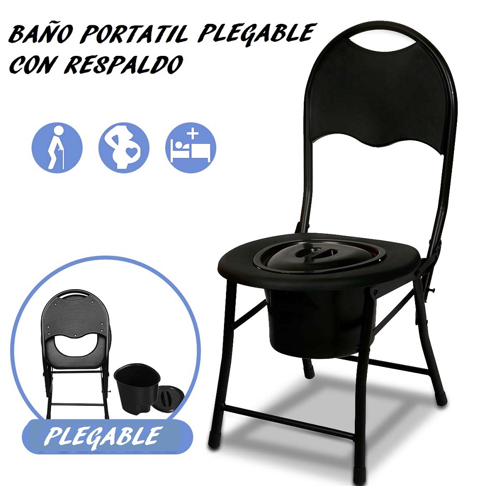Silla Inodoro Plegable con Respaldo Baño Portatil Campismo Bacinica Adulto