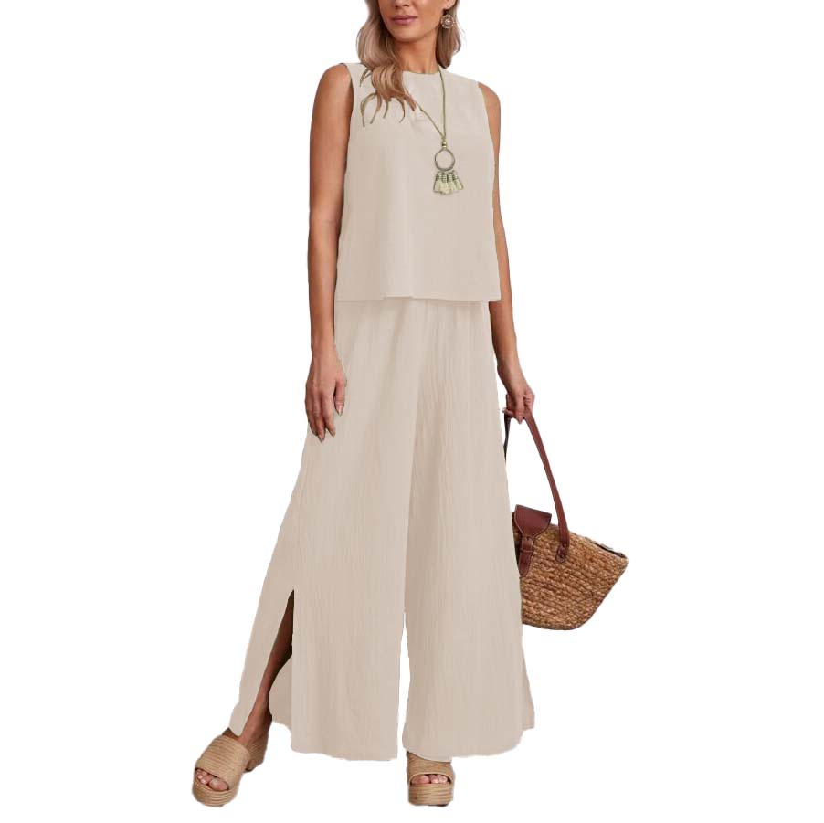 Conjunto de pantalon holgado con aberturas y blusa sin mangas