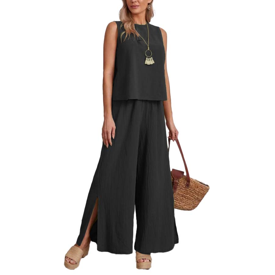 Conjunto de pantalon holgado con aberturas y blusa sin mangas