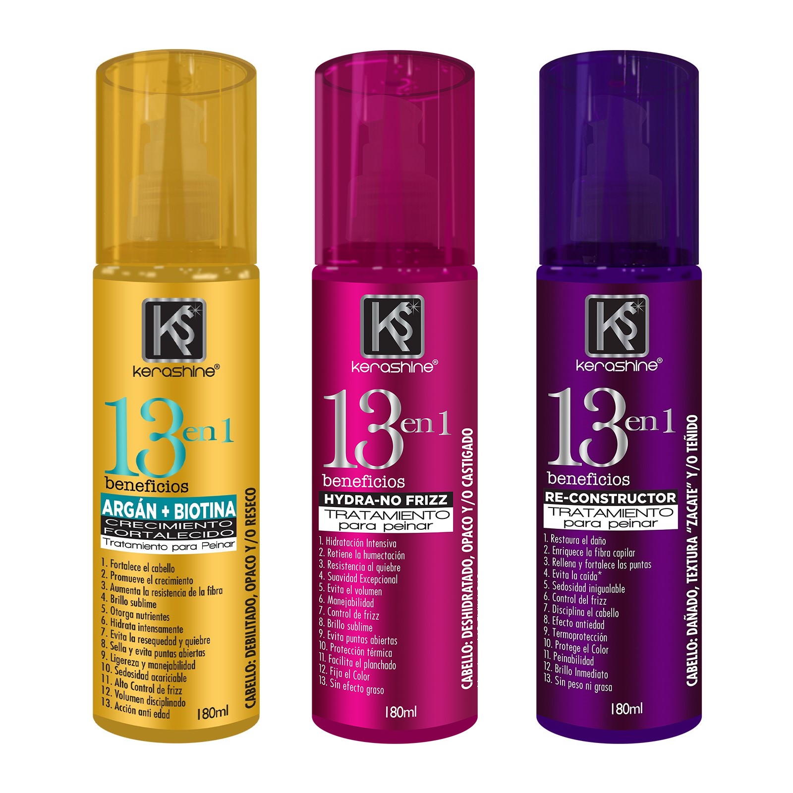 kerashine tratamiento 13 beneficios argan, reconstrucion y no frizz 180 ml c/u - 3 pz