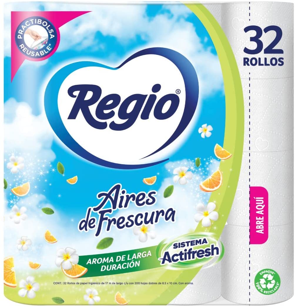 Regio Aires de Frescura Papel Higiénico, 200 hojas dobles, 32 Rollos