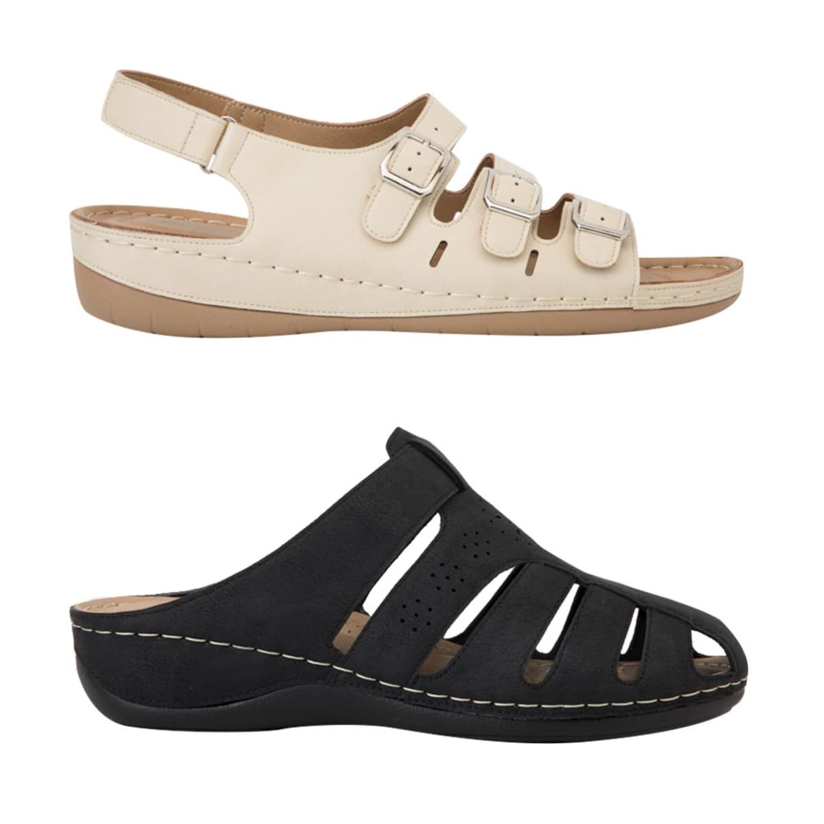 Kit de 2 pares de sandalias confort marca Shosh para mujer, colores beige y negro, mod. 1017874