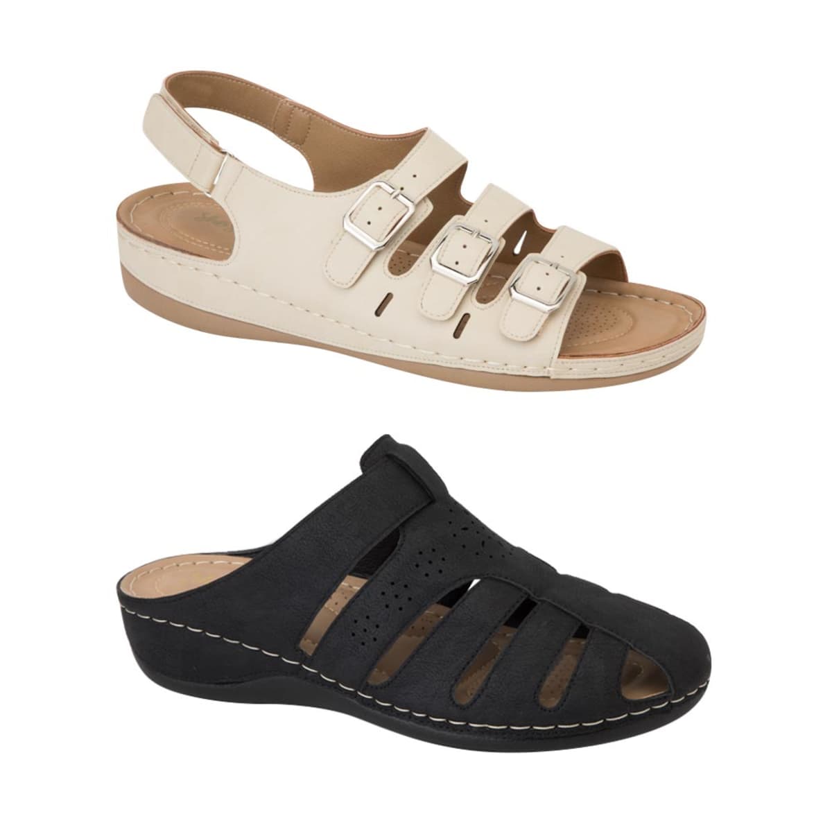 Kit de 2 pares de sandalias confort marca Shosh para mujer, colores beige y negro, mod. 1017874