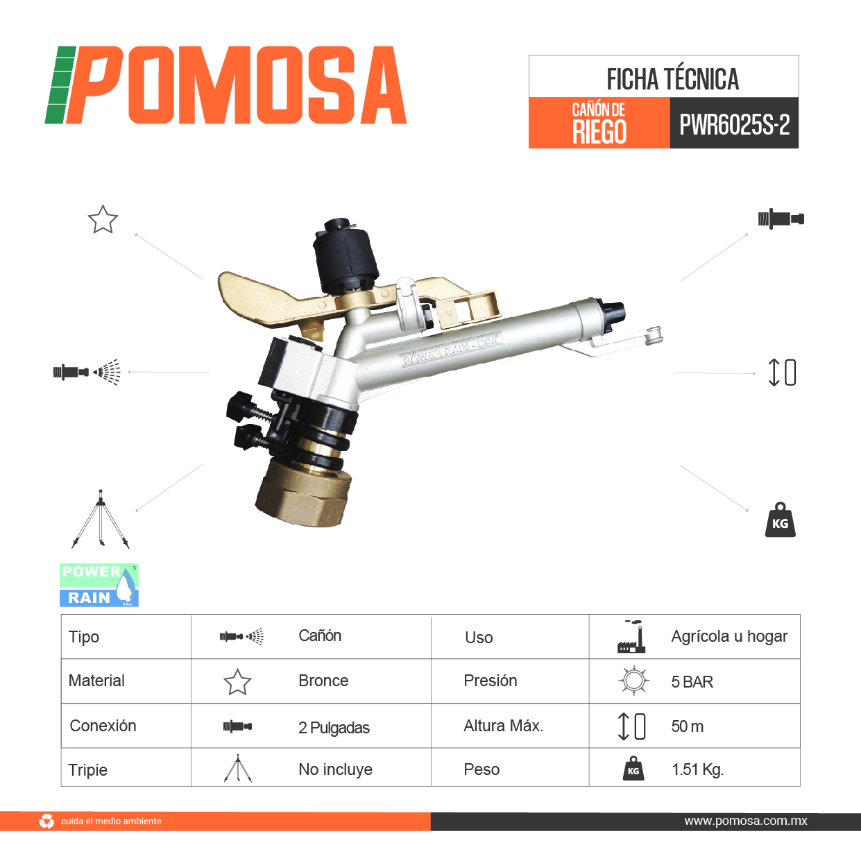 ASPERSOR TIPO CAÑON DE RIEGO  2" POWER RAIN USA