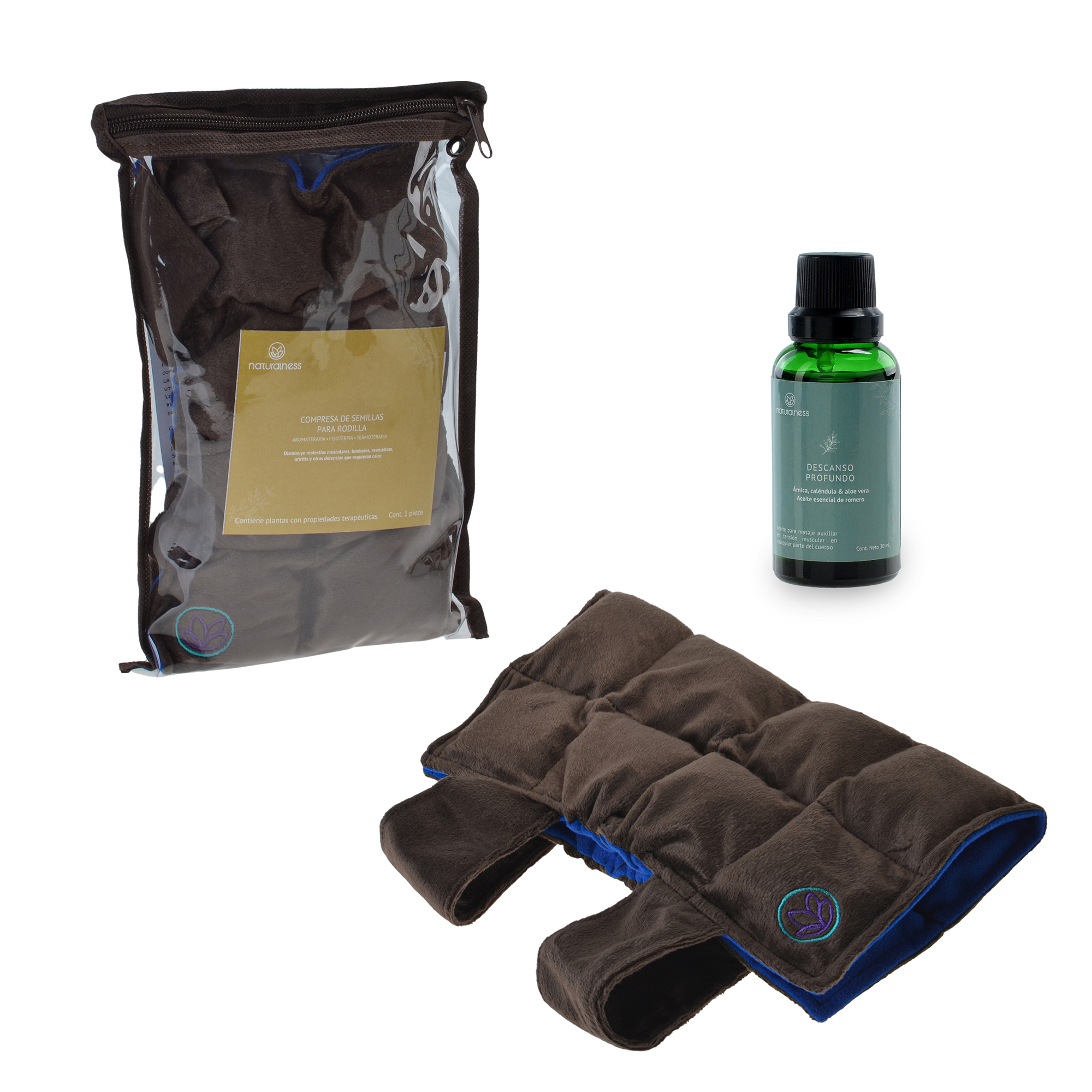 Paquete-Compresa Rodilla. Elaborada con Semillas y Plantas Medicinales -Y Aceite para masaje Descanso Profundo de 30 ml (Compresa + Aceite 30 ml)