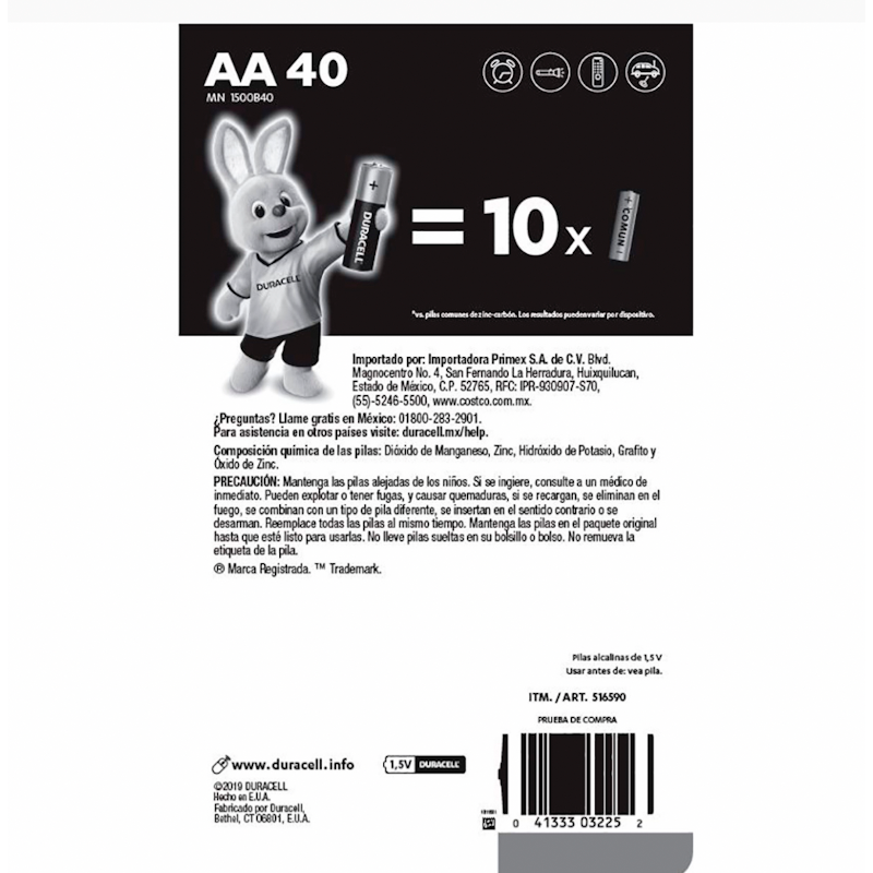 Pila Duracell AA doble A Alcalina pack con 40 piezas