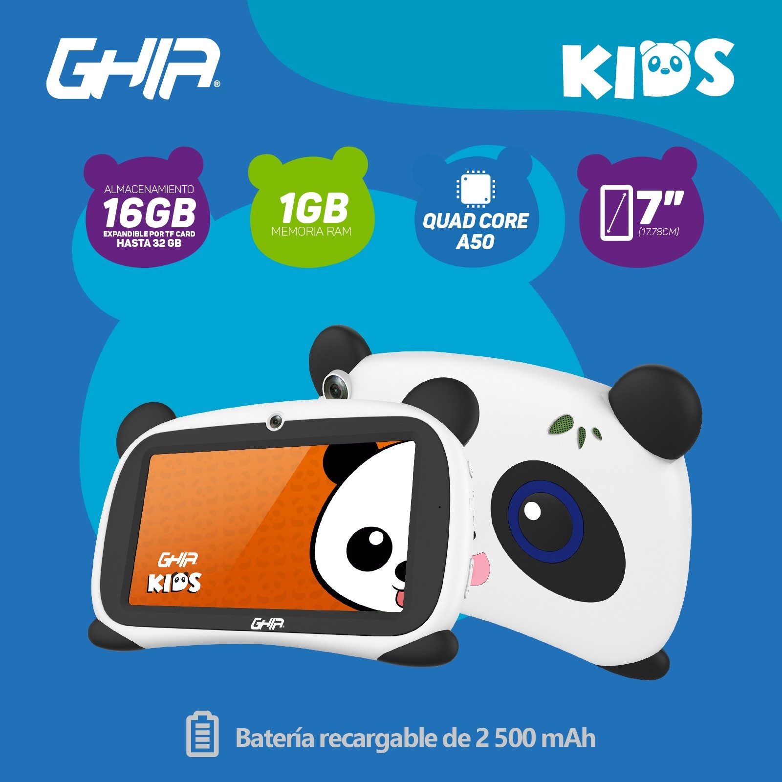 Tablet GHIA Kids Panda 7 Pulgadas A50 Quadcore, 1GB RAM 16GB Almacenamiento Android 9 GPND133A