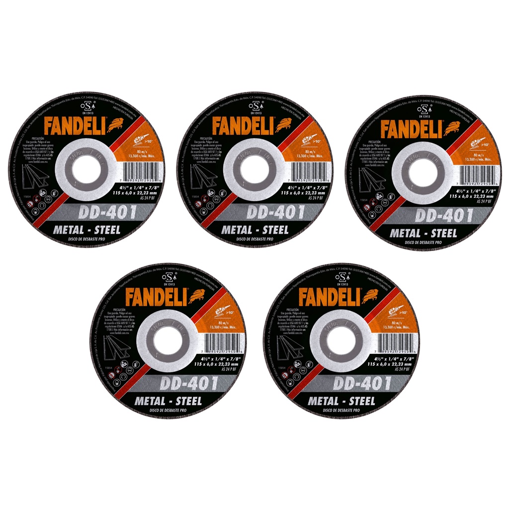 Paquete 5 Discos De Desbaste Fandeli 4 1/2  X 1/4  X 7/8 72950