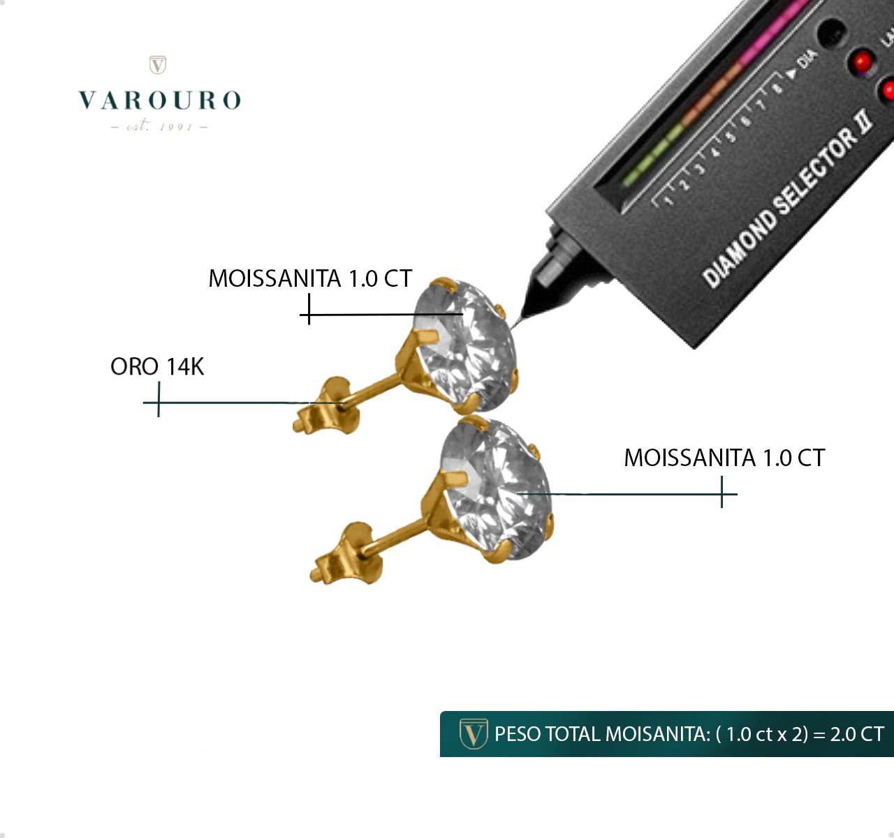 ARETES | BROQUELES ORO SÓLIDO 14K DIAMANTE MOISSANITA 2.0CT