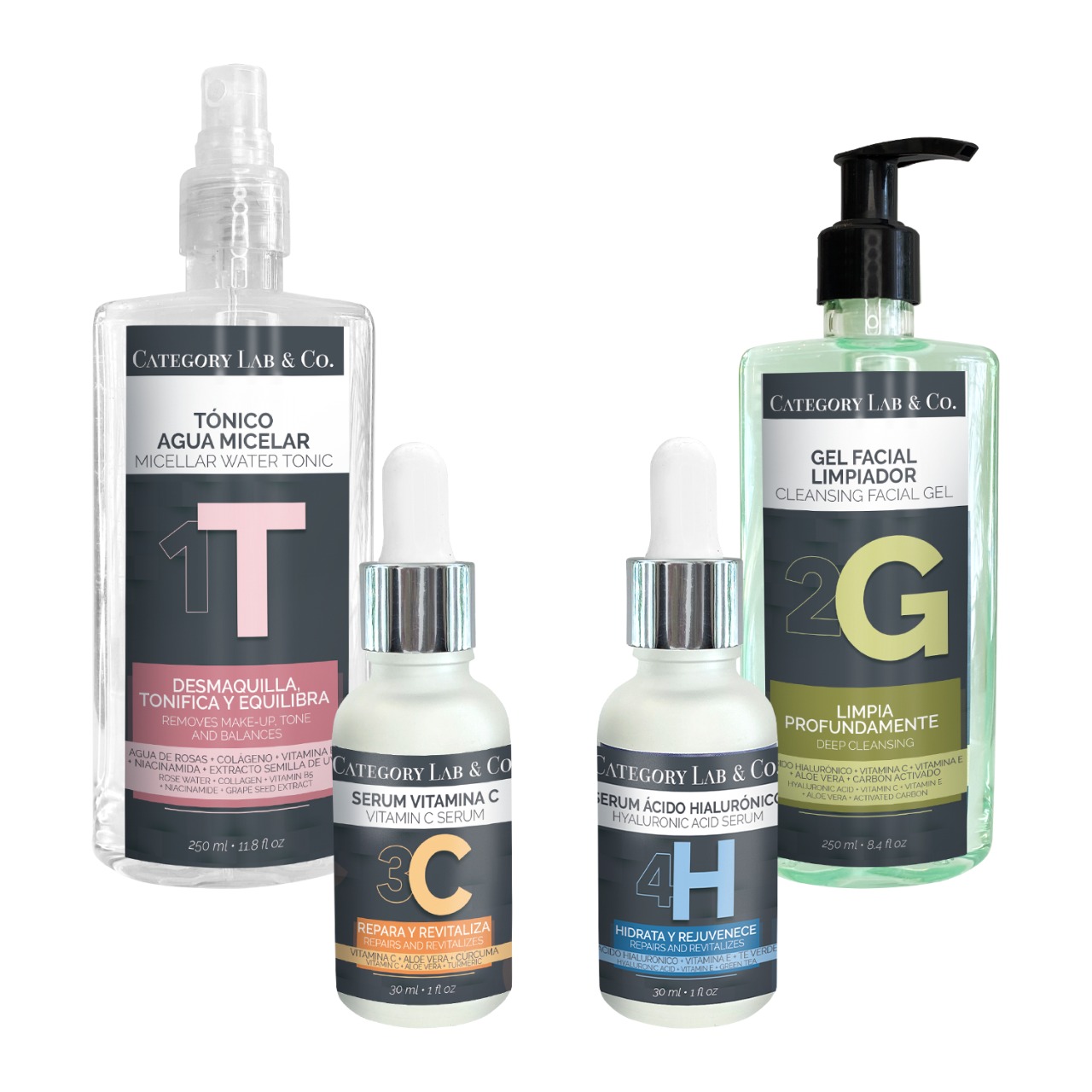 KIT COMPLETO CATEGORY LAB. AGUA MICELAR, GEL FACIAL, SERUMS, CREMA FACIAL, CONTORNO DE OJOS Y SOLUCIÓN ANTICAIDA 