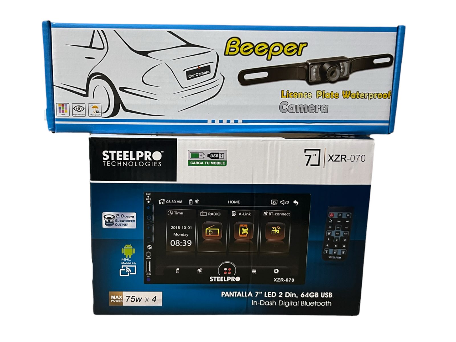 Estereo pantalla steelpro 7" con camara de reversa porta placa pk413