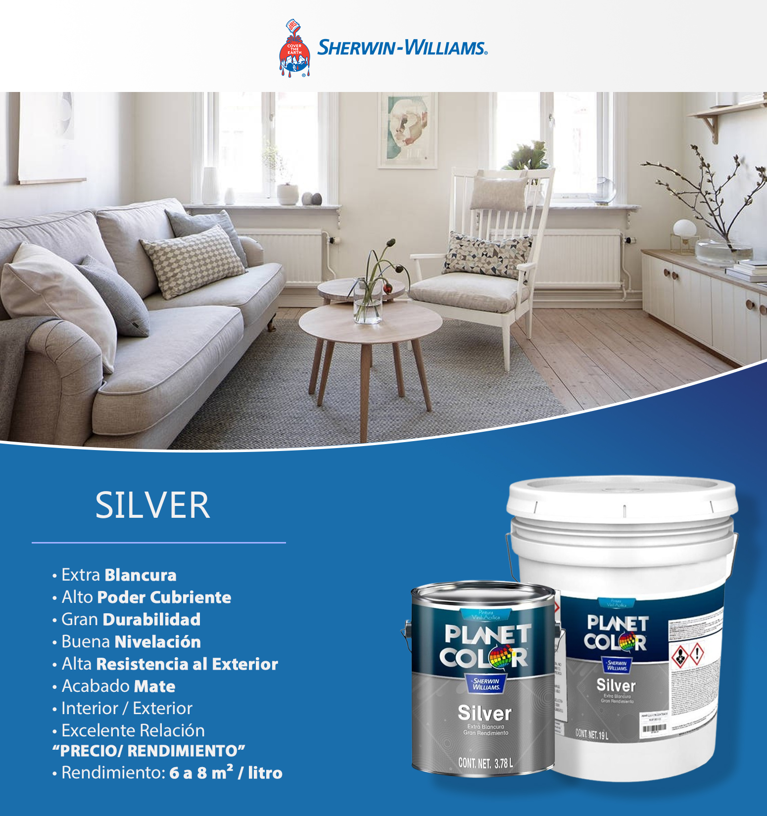 Pintura Sherwin Williams Silver Cubeta 19 Lt Color Blanco Mate PCSWJ0190
