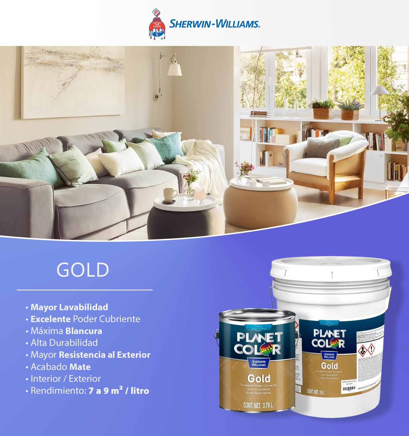 Pintura Sherwin Williams Gold Cubeta 19 Lt Color Blanco Mate PCGWJ0190