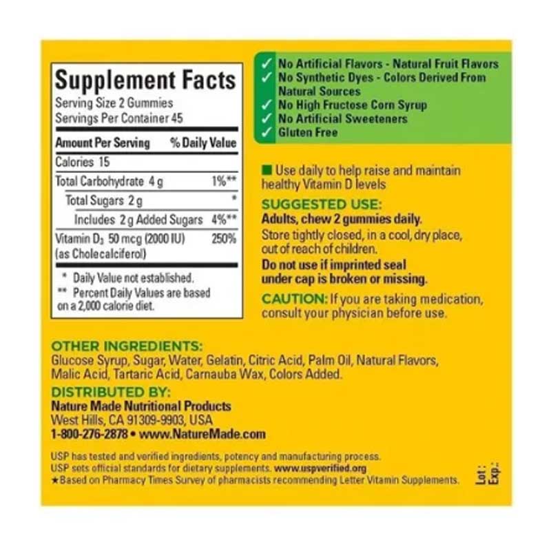 Gomitas Vitamina D3 2000iu 50mcg Nature Made Cuida Tus Huesos 150 Gomita sabor Fresa-Durazno