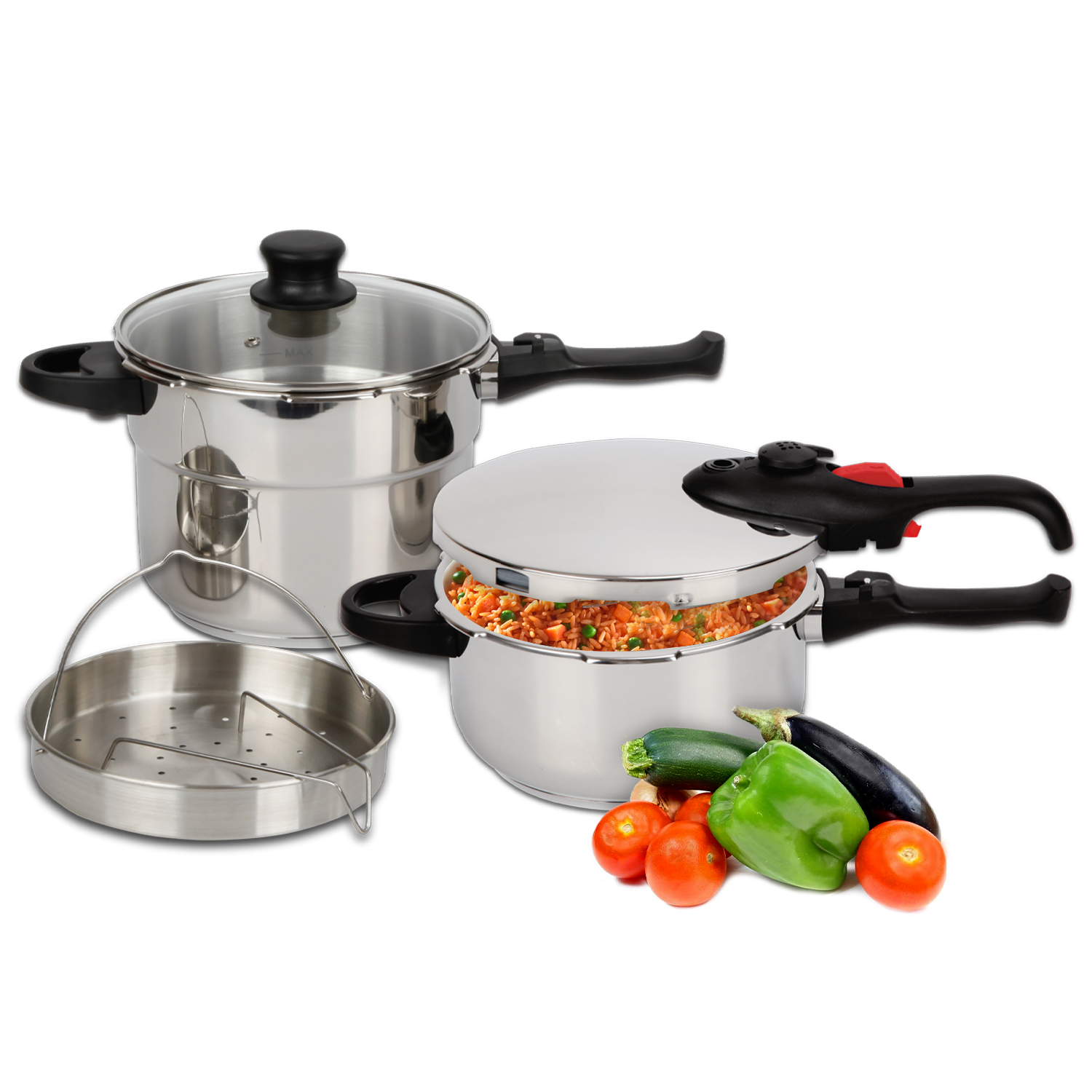Ollas de presión set de 4 y 6 l en acero inoxidable 18/8 con accesorios, tapa de cristal y vaporera