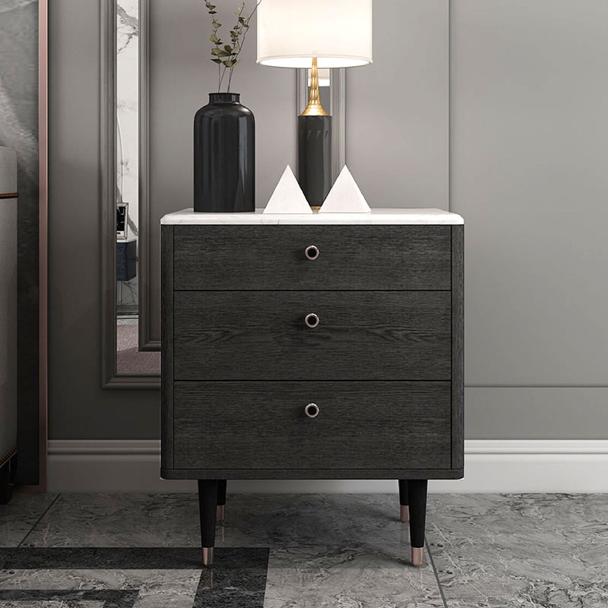 Buró De 3 Cajones Mesa De Noche Praga Cubierta Efecto Mármol