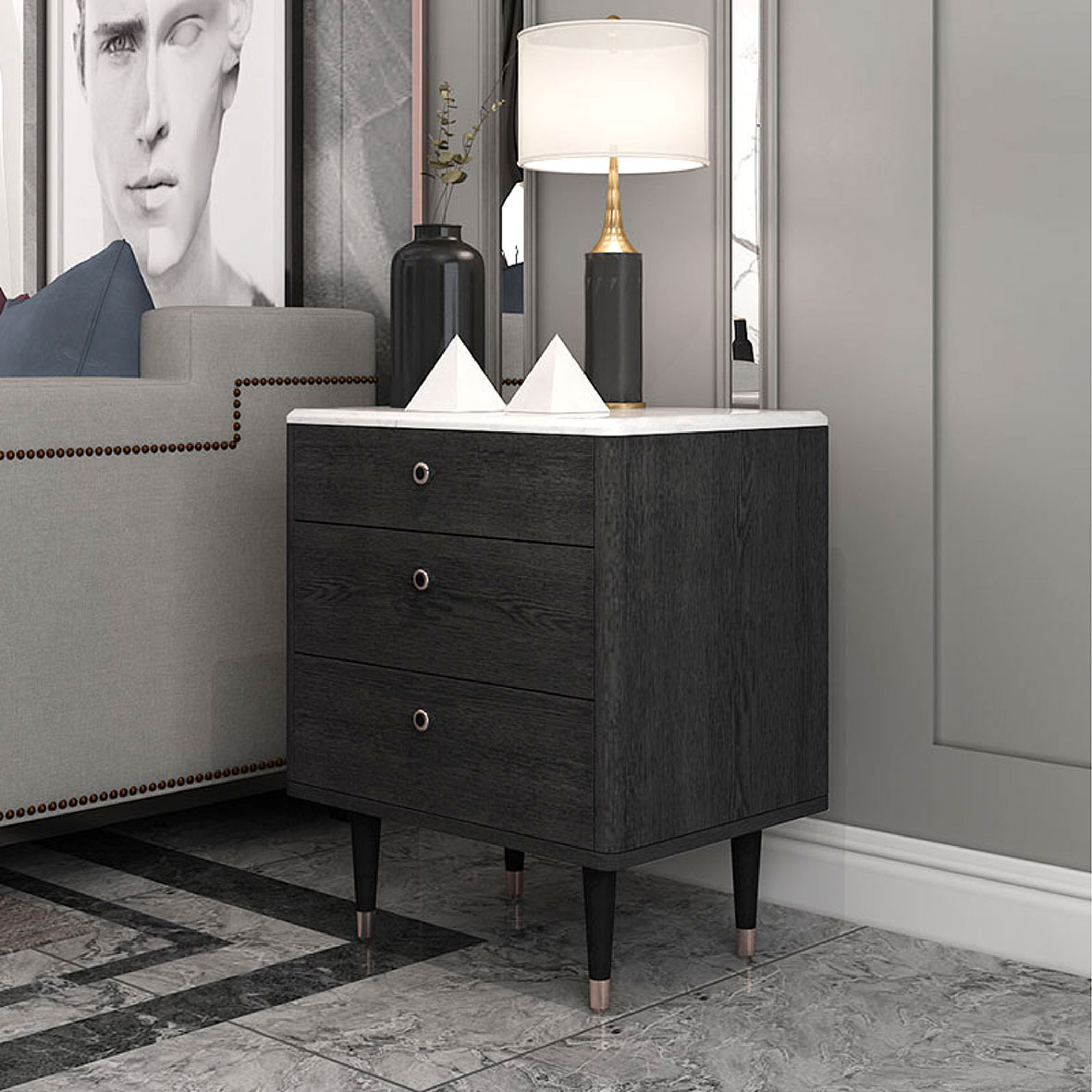 Buró De 3 Cajones Mesa De Noche Praga Cubierta Efecto Mármol