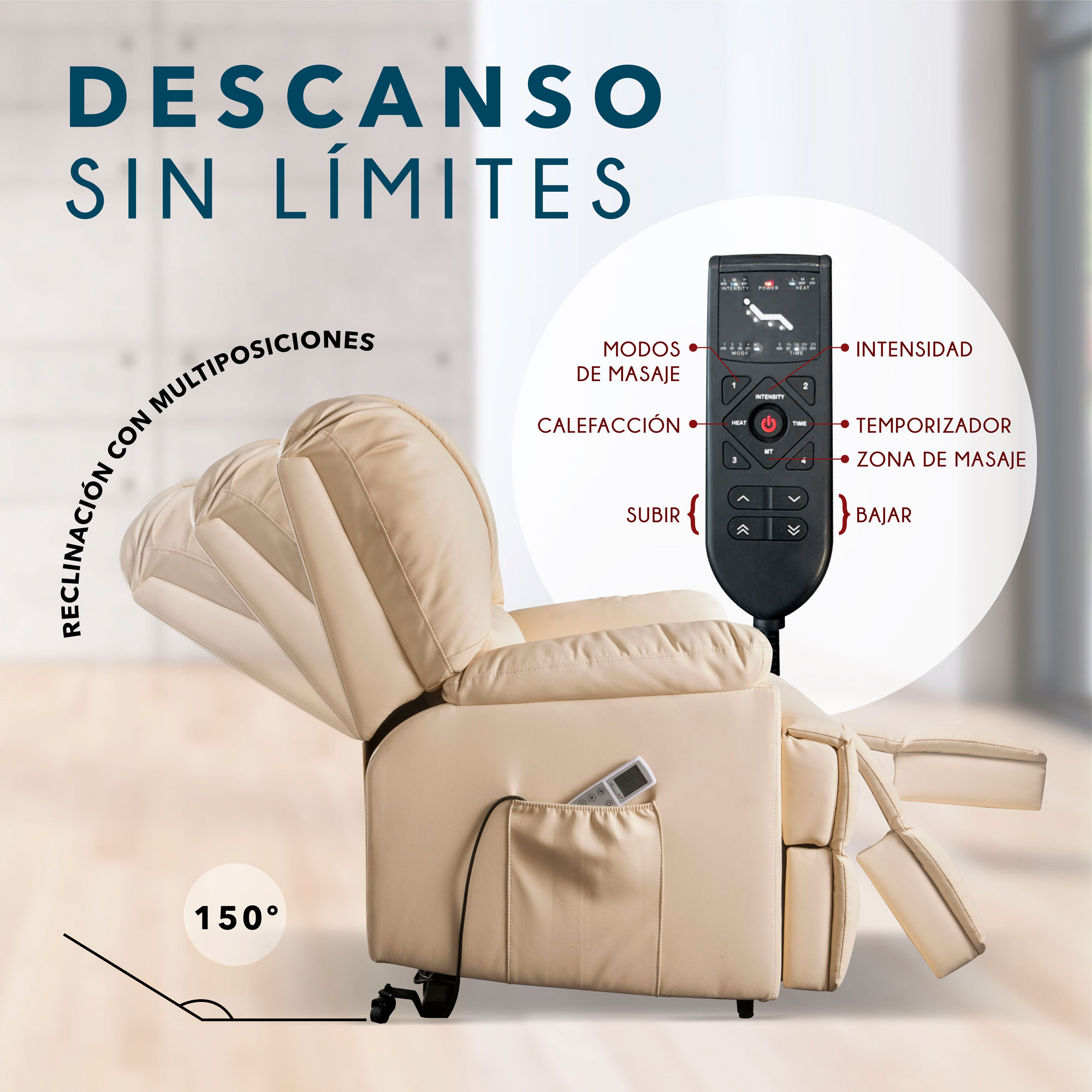 Reclinable Reposet Ixora con Elevación y Masaje Eléctrico de Vinipiel Beige