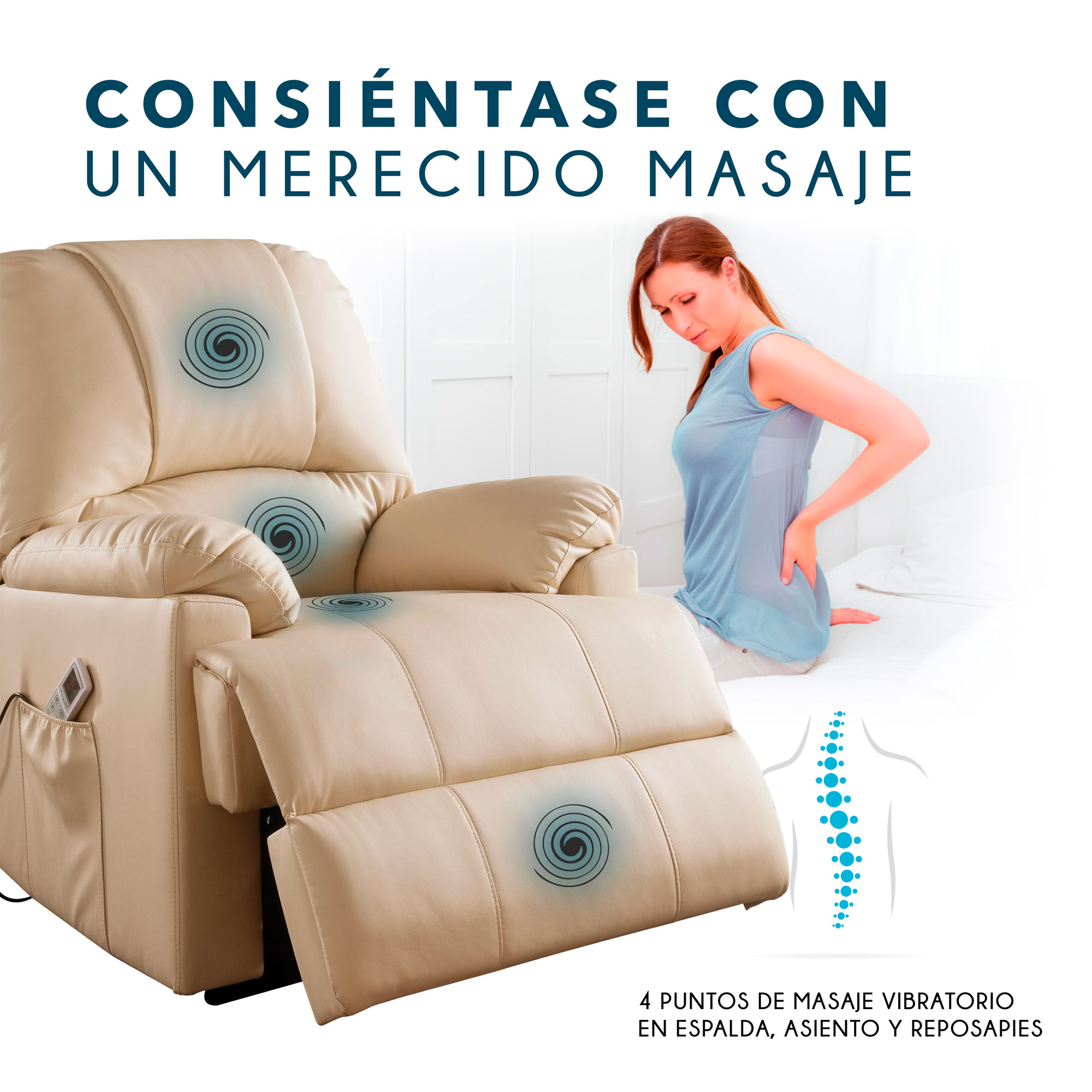 Reclinable Reposet Ixora con Elevación y Masaje Eléctrico de Vinipiel Beige