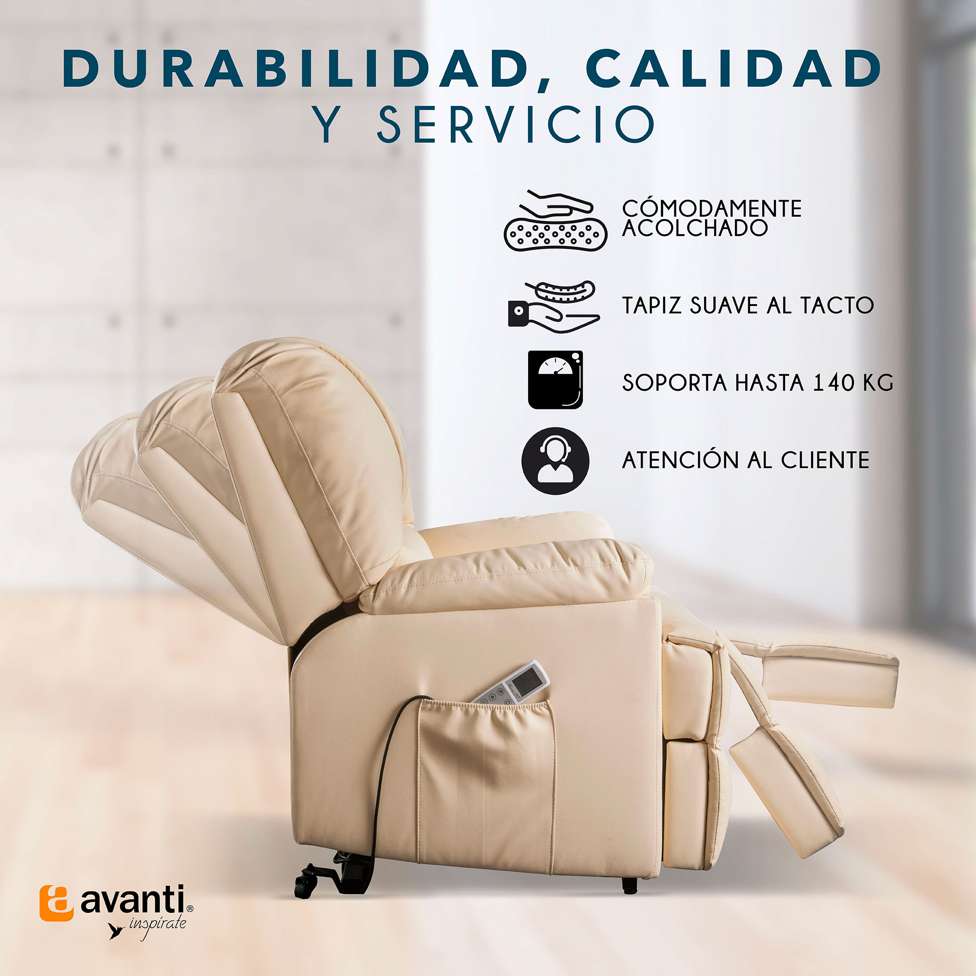 Reclinable Reposet Ixora con Elevación y Masaje Eléctrico de Vinipiel Beige