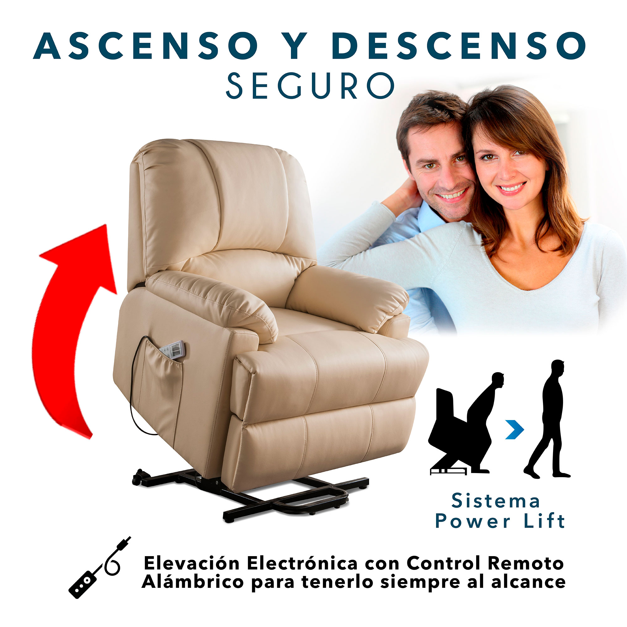 Reclinable Reposet Ixora con Elevación y Masaje Eléctrico de Vinipiel Beige