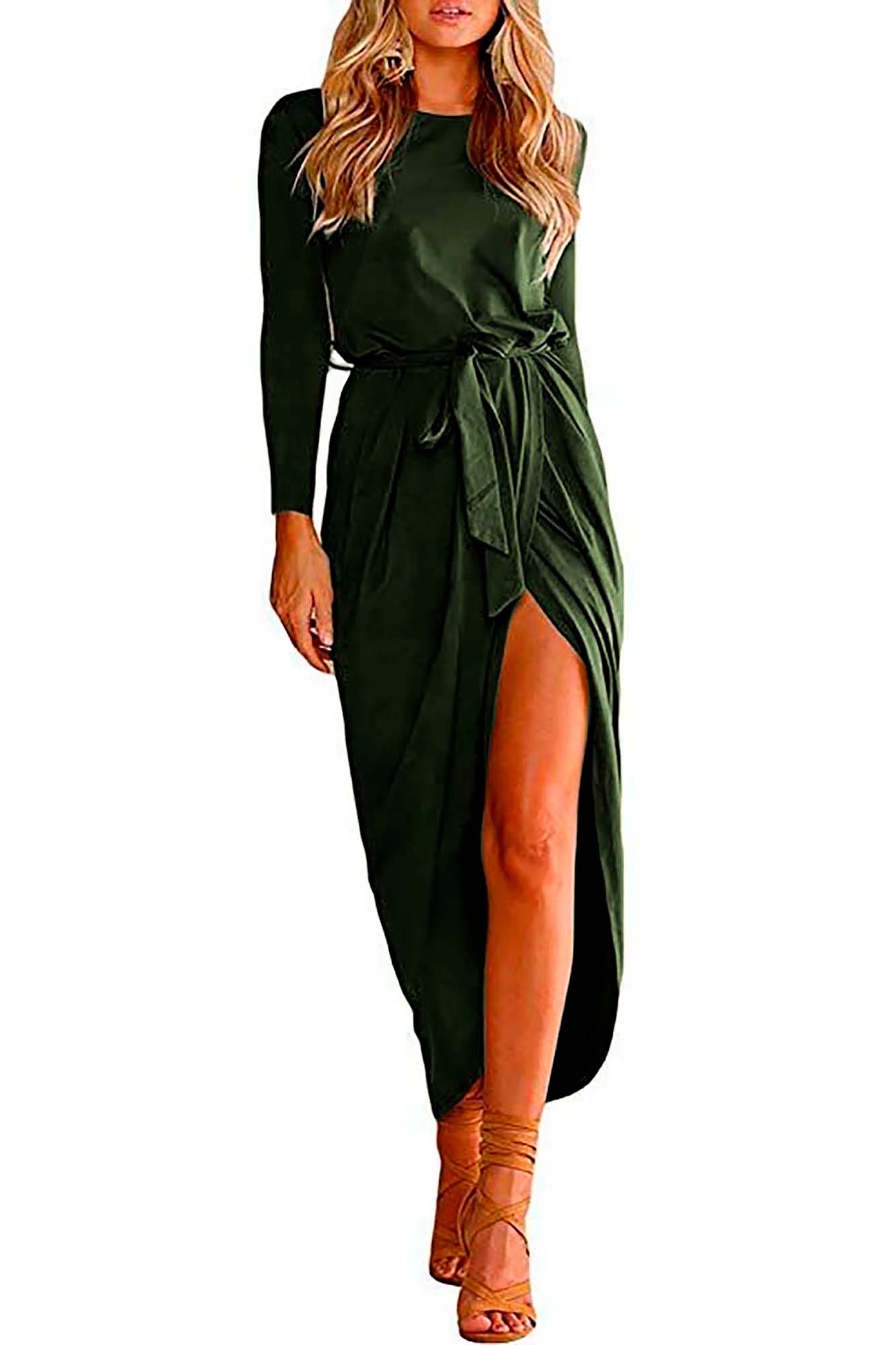 Vestido cuello redondo y manga larga con abertura y cinturon