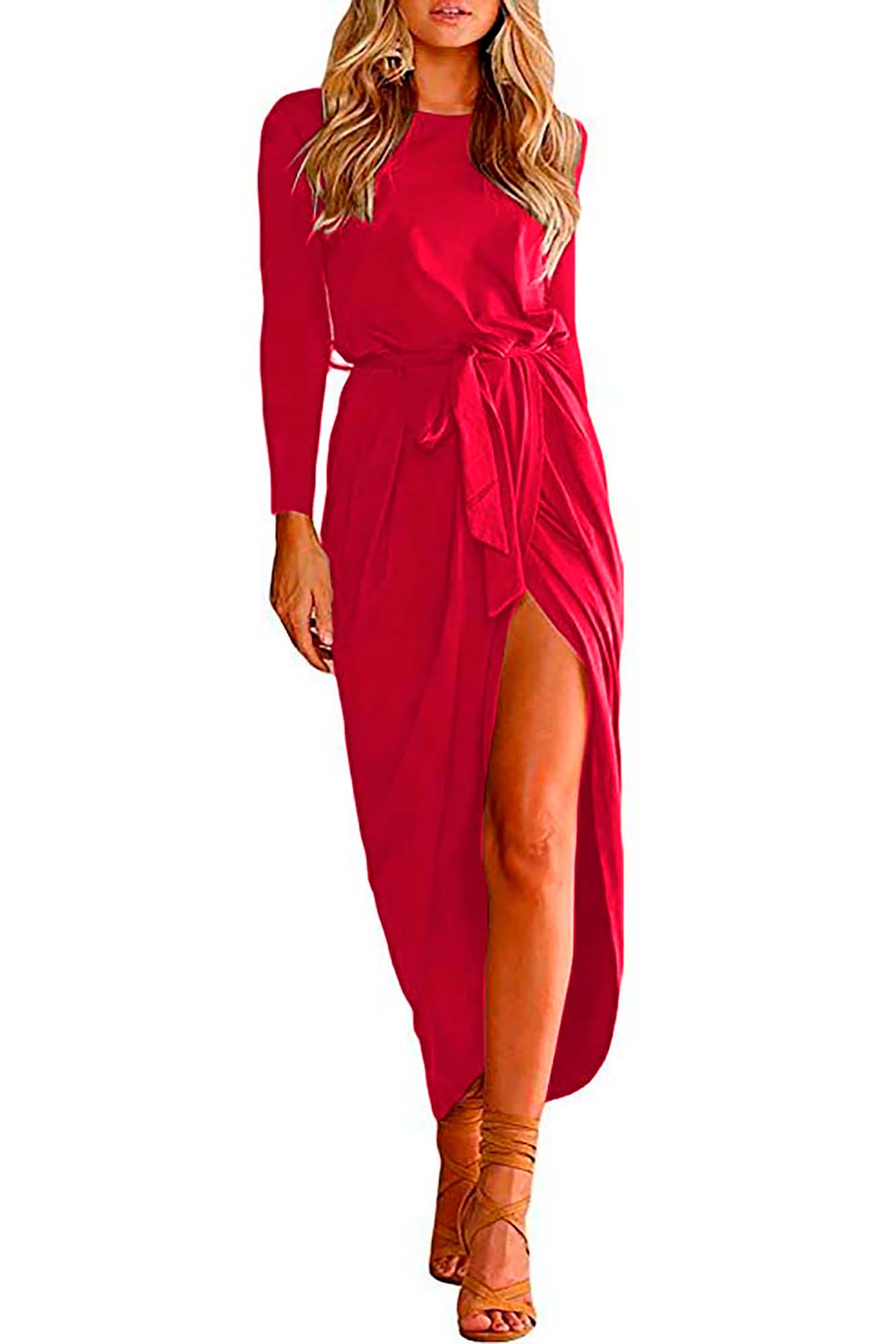 Vestido cuello redondo y manga larga con abertura y cinturon