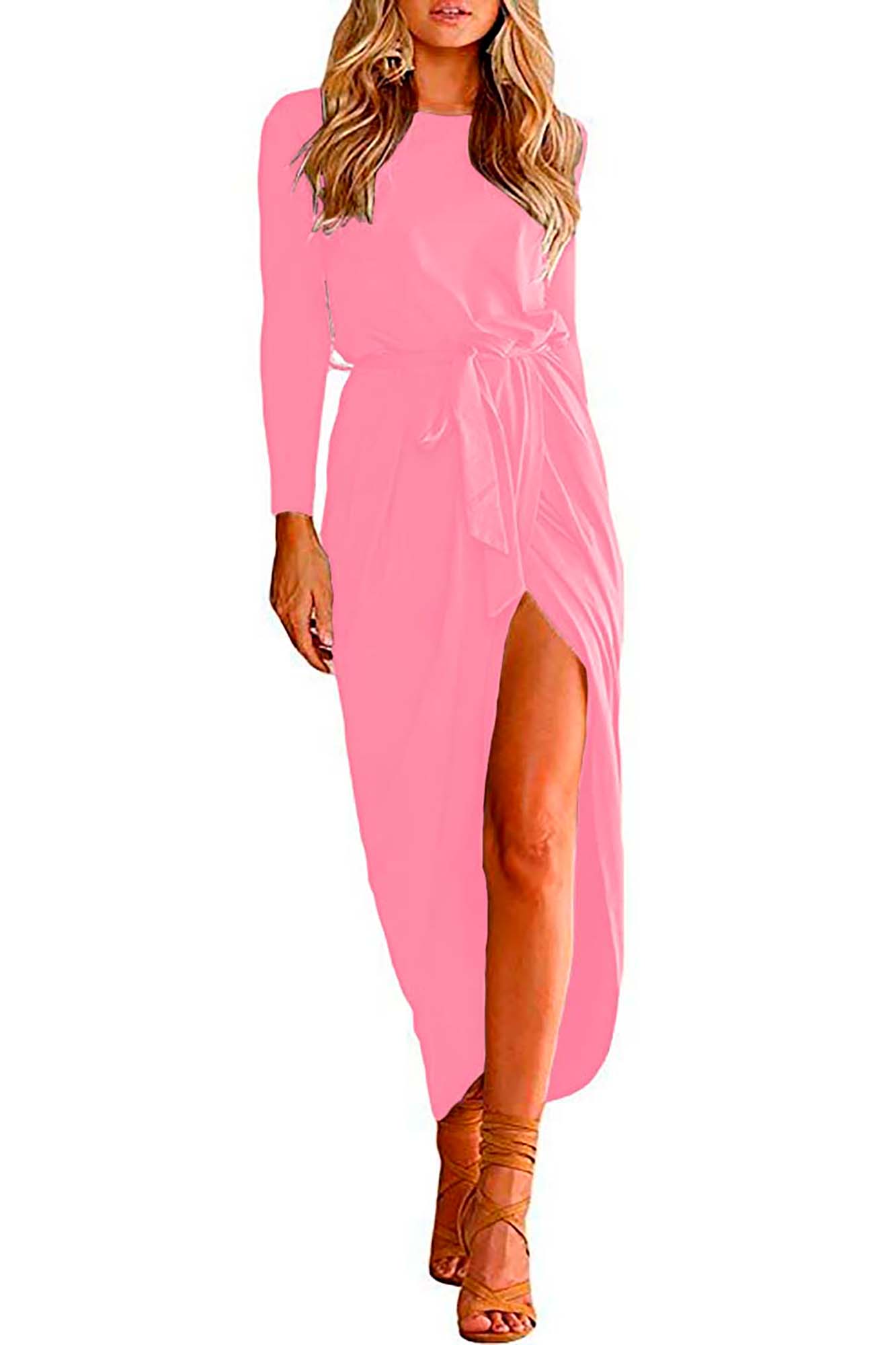 Vestido cuello redondo y manga larga con abertura y cinturon