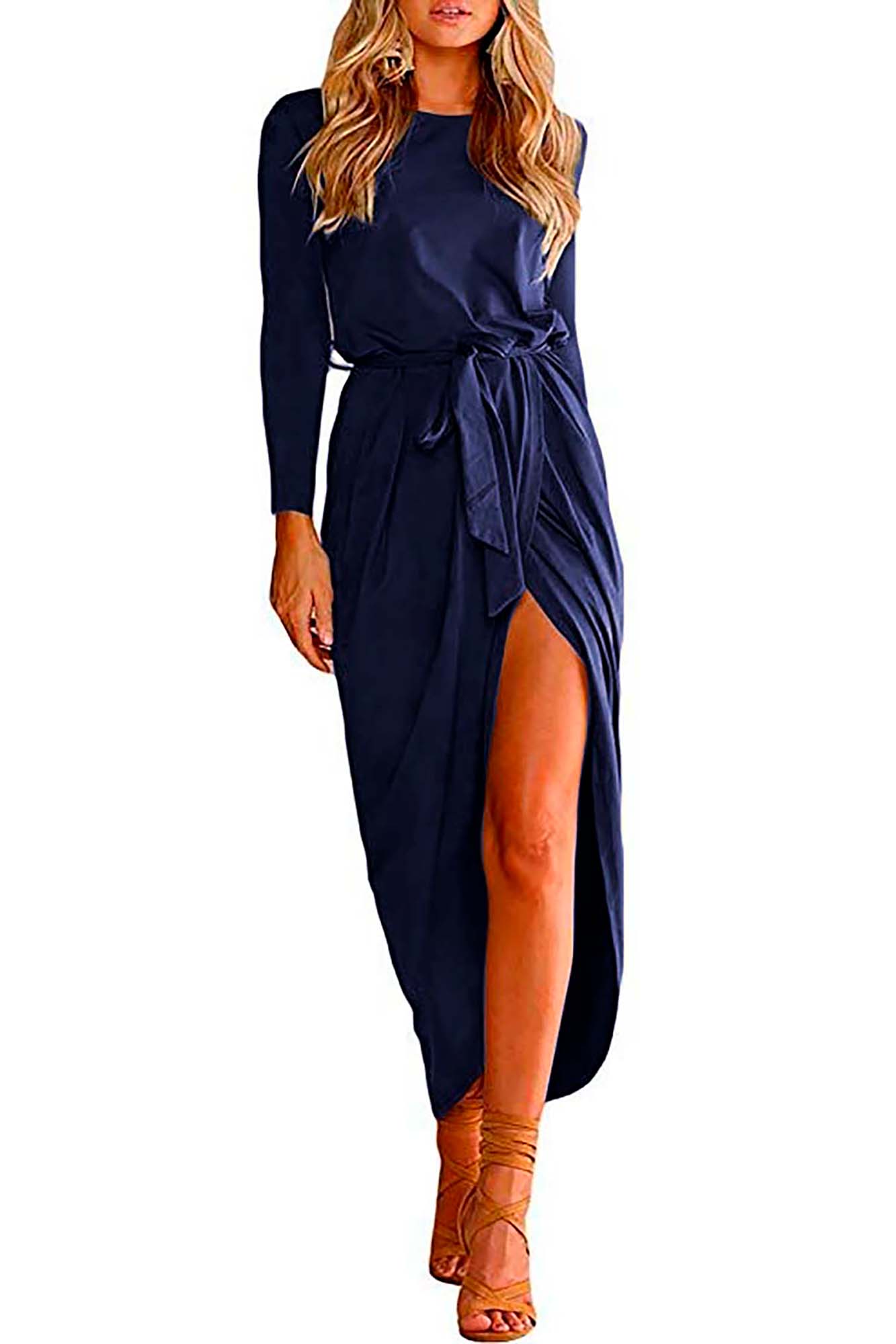 Vestido cuello redondo y manga larga con abertura y cinturon