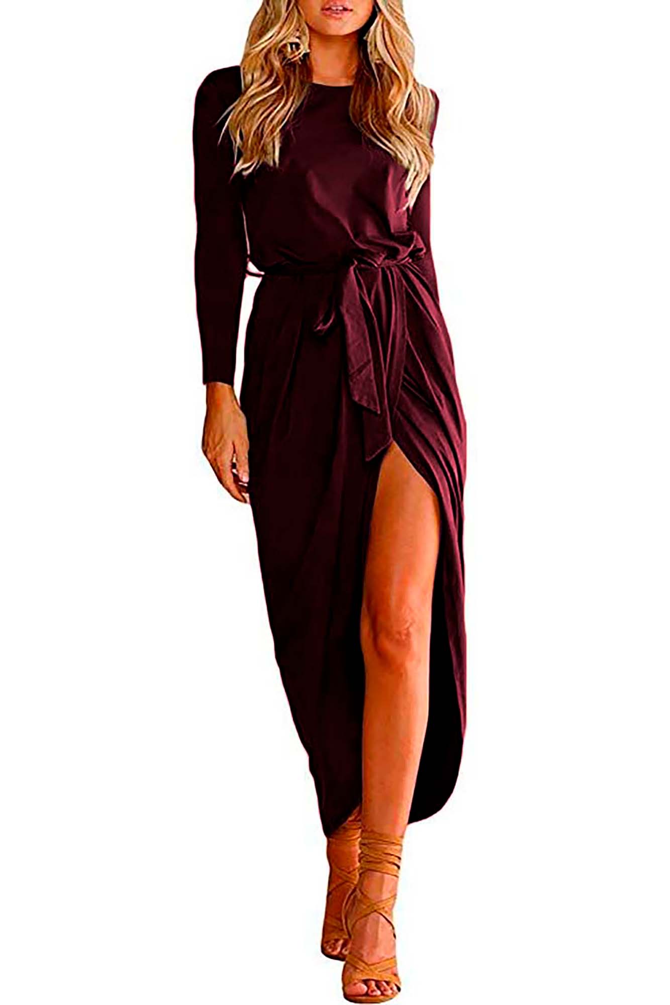 Vestido cuello redondo y manga larga con abertura y cinturon