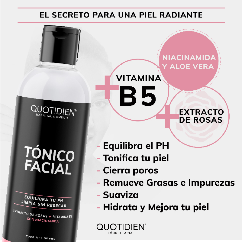 Tonico Facial con Agua de Rosas, Niacinamida y Colágeno Skin Care Facial Quotidien 350ml