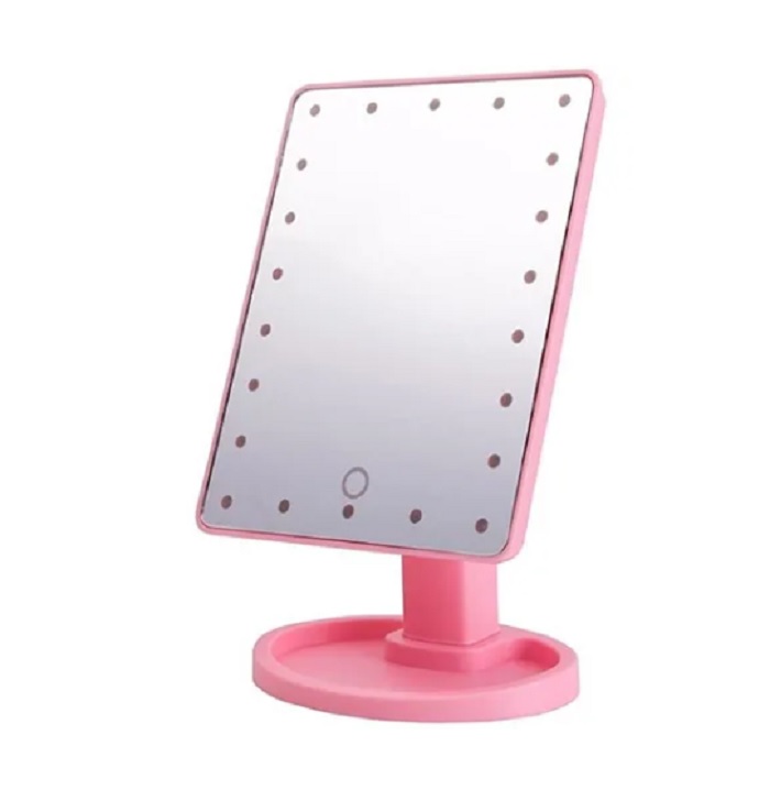 Espejo Maquillaje Con Luz Led Rotación Rosa