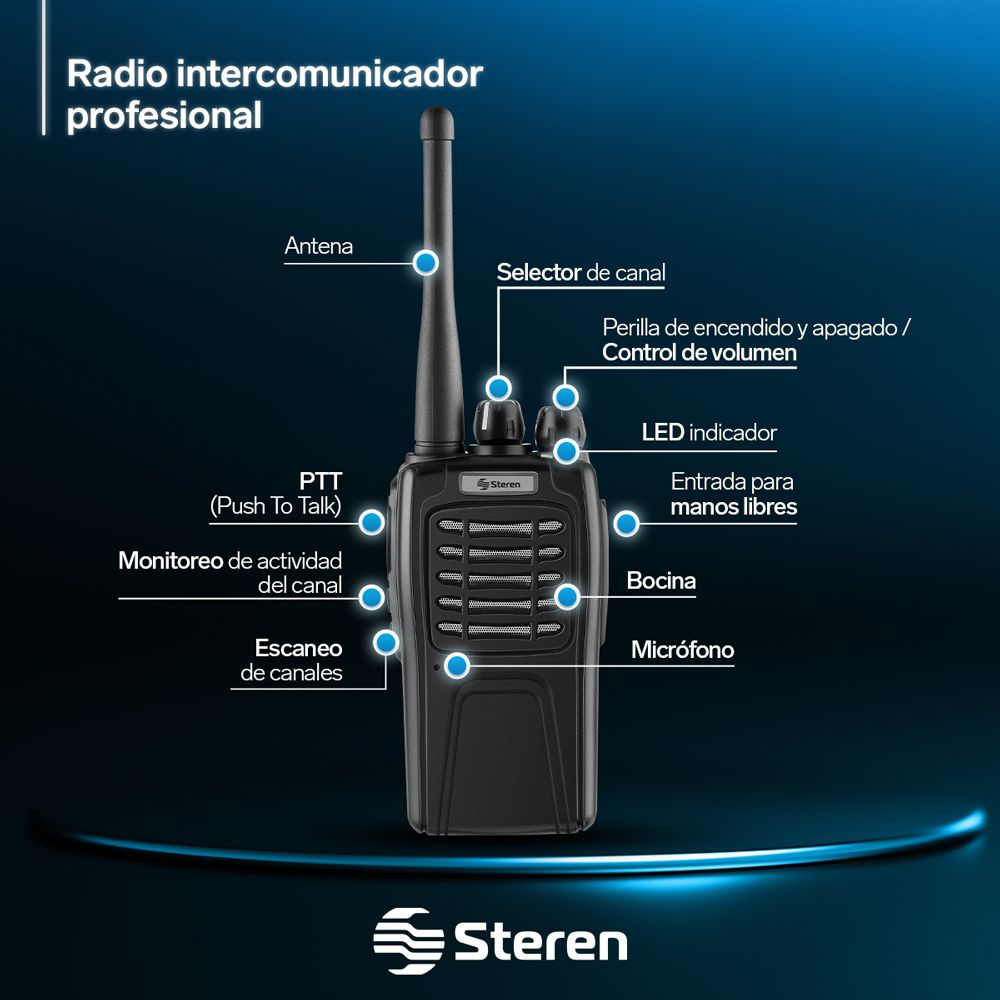 Radio Intercomunicador Profesional 5 Km De Alcance 3 Watts UHF Steren RAD-510