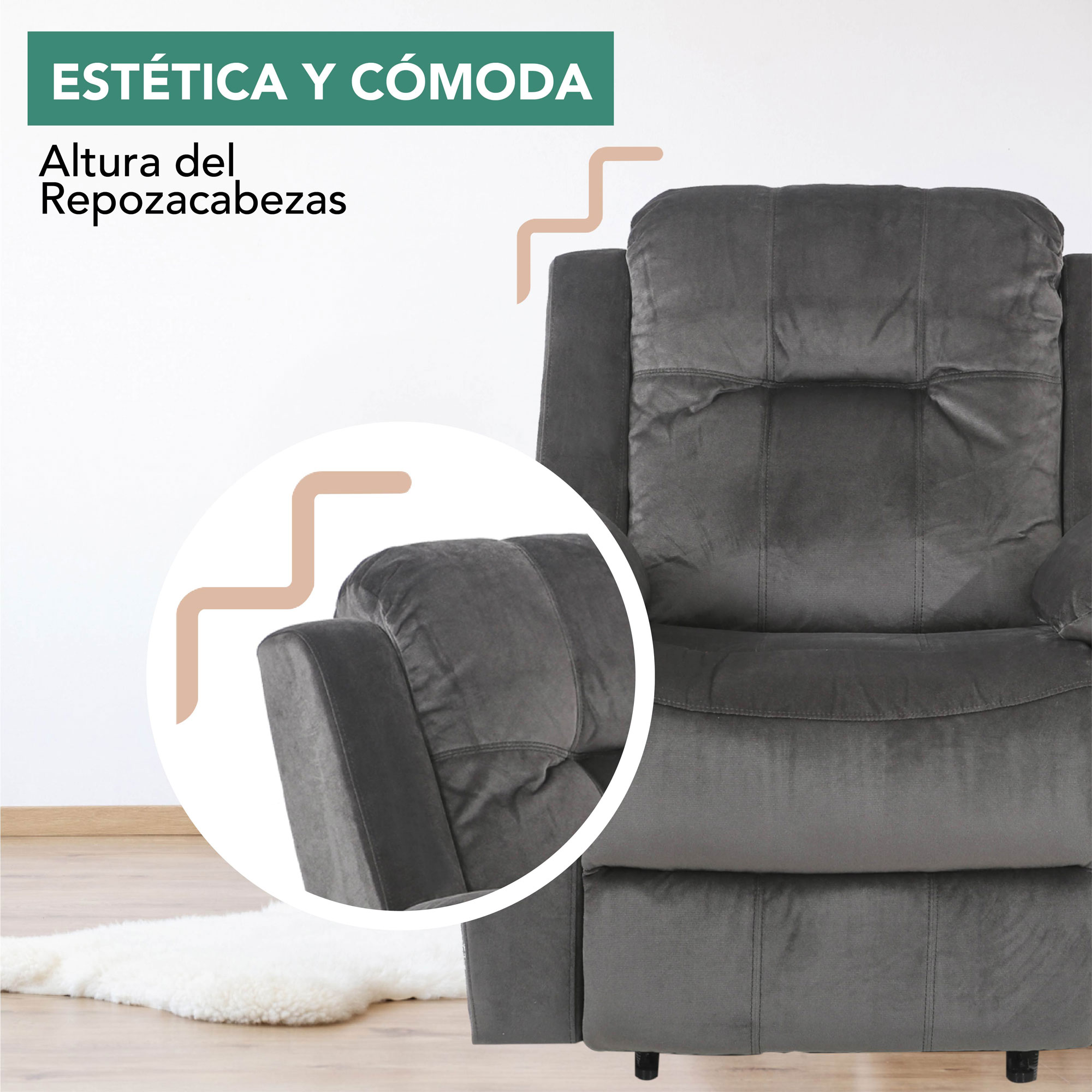 sillón reclinable cloe eléctrico de tela color gris