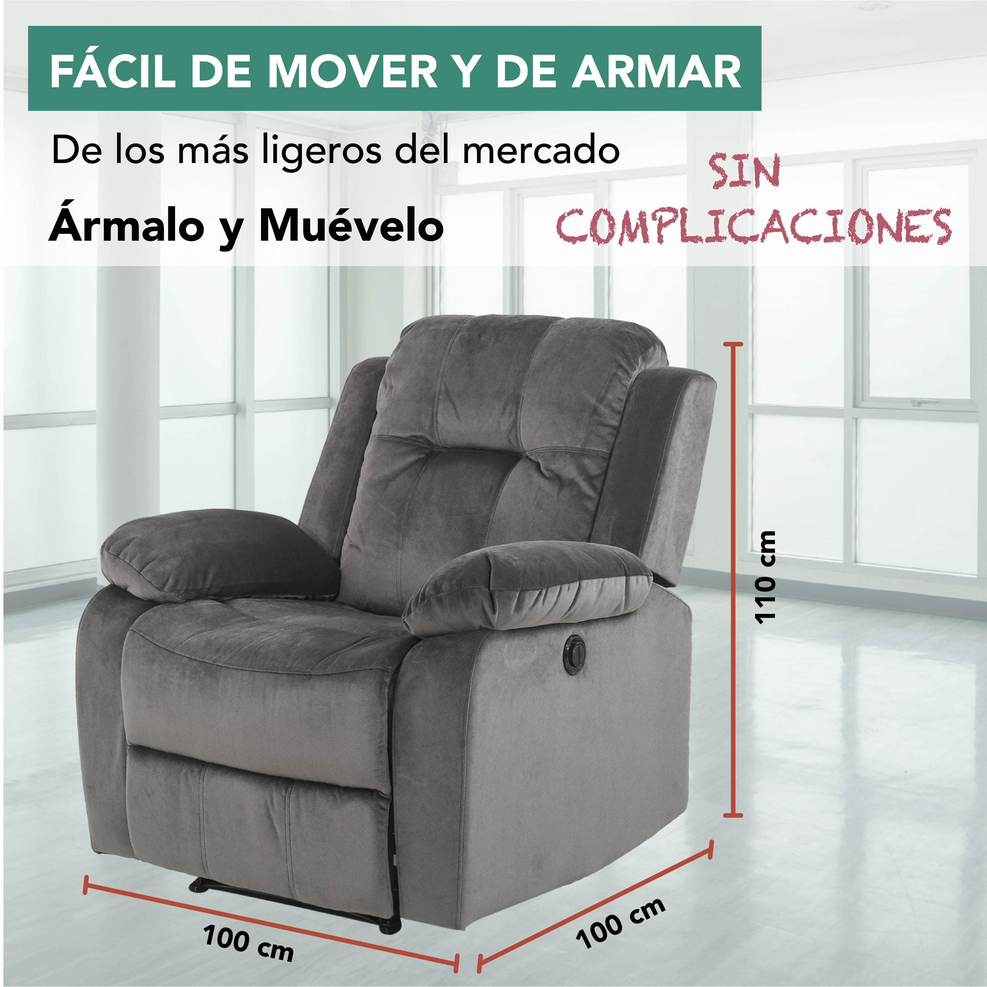 Sillón Reclinable Cloe Eléctrico de Tela Color Gris	
