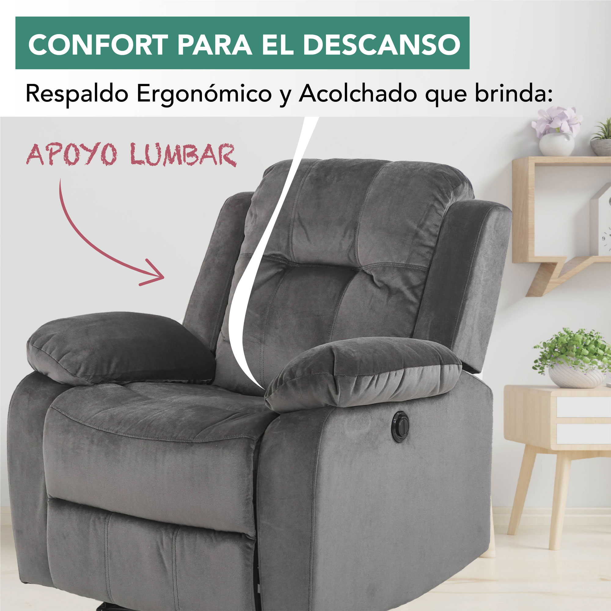 sillón reclinable cloe eléctrico de tela color gris