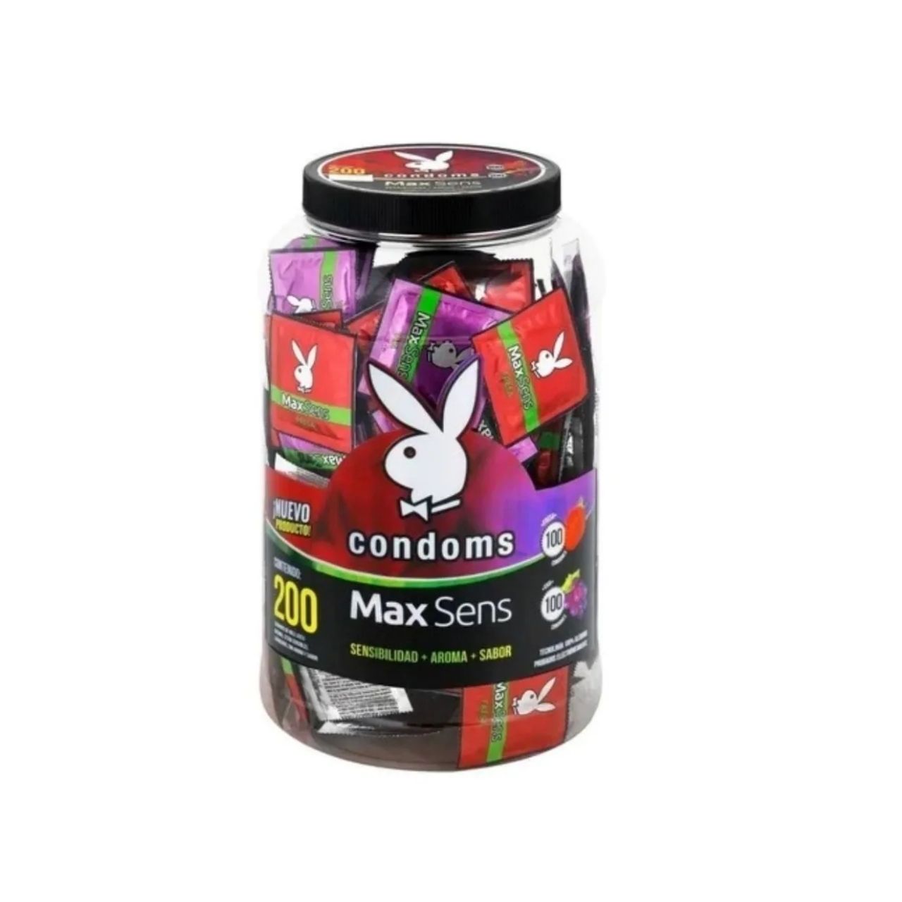 Condoms Max Sens, Sabor Fresa Y Uva, 200 Piezas, Playboy 