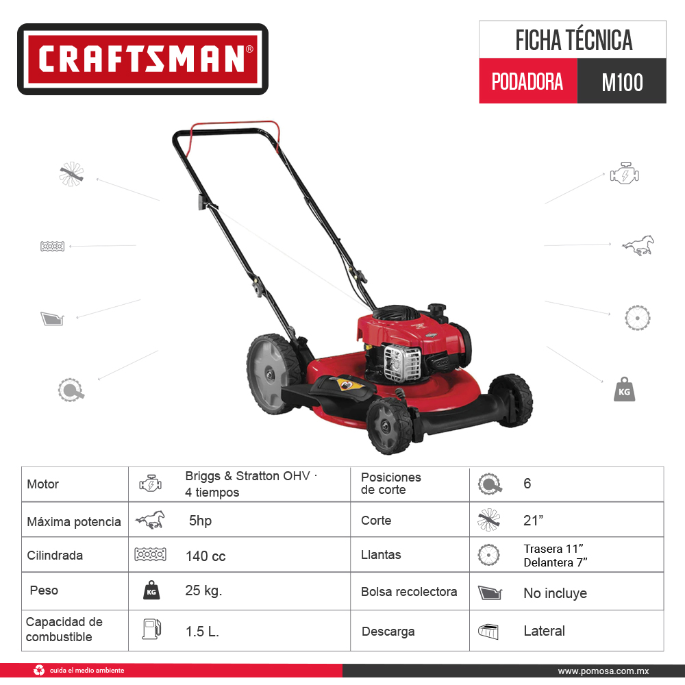 Podadora Craftsman 140 cc 21" M100 Sin Bolsa Rueda Alta