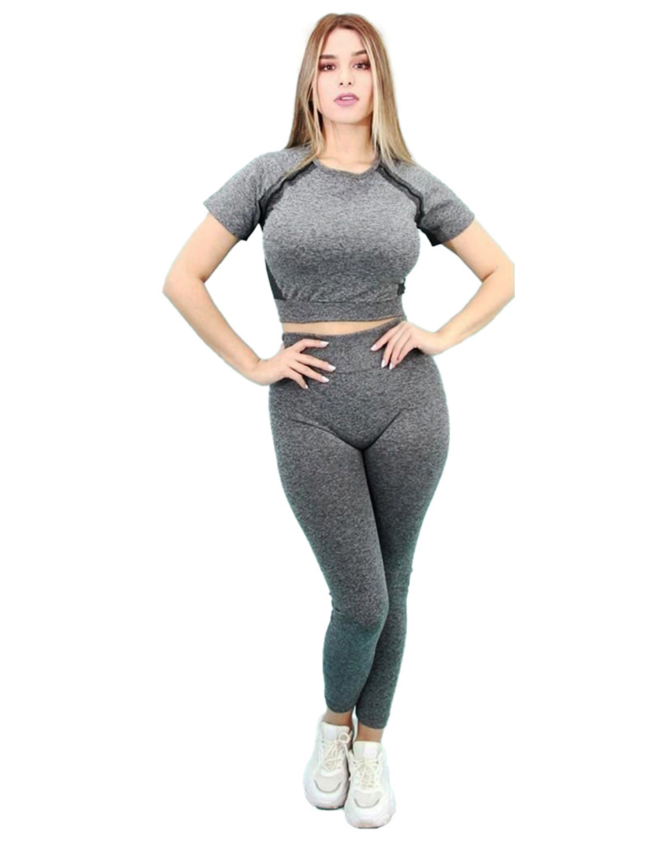 Conjunto pants deportivo completo dama leggings y playera top gris Ilys