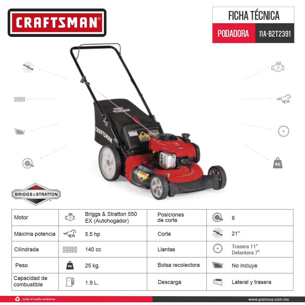 Podadora Craftsman 140 cc 21" 11AB2T2391 Bolsa Rueda Alta