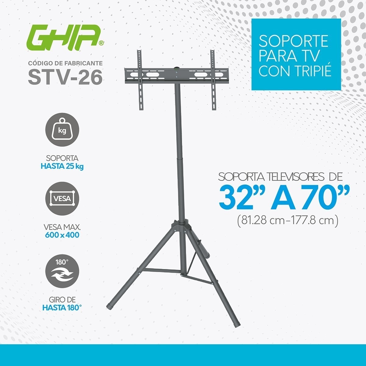 Soporte televisión trípode GHIA STV-26 Compatible pantallas de 32 a 70 pulgadas Soporta hasta 25kg