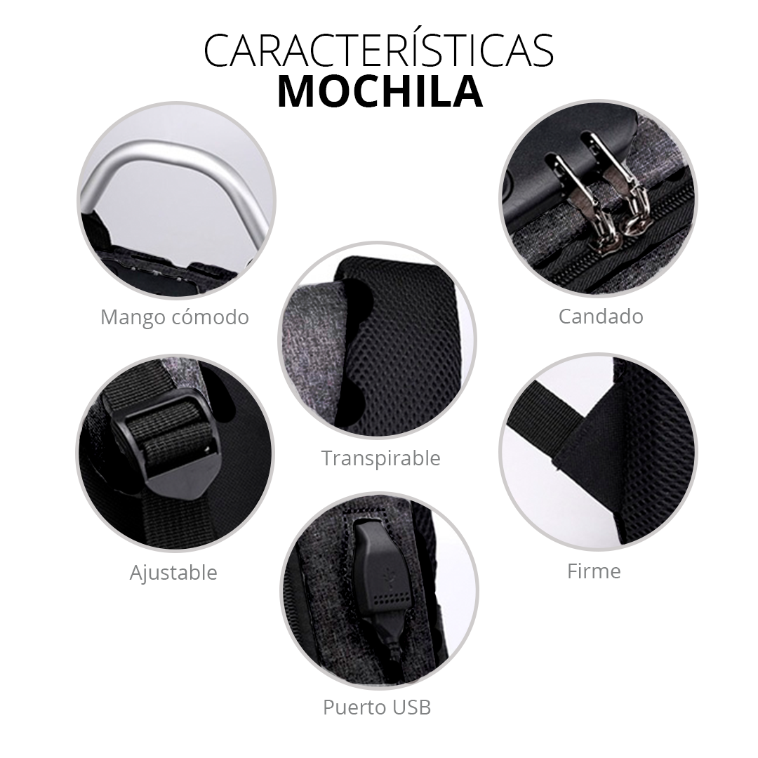 Mochila Antirrobos Negra Para Laptop Backpack Candado Cargador Usb