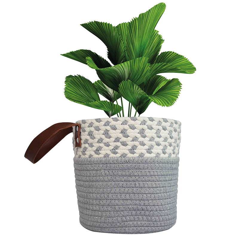 Planterist - Maceta Tejida autorregable con agarradera de piel - Moderna Decorativa - Ideal para salas, recámaras, comedores, oficinas, baños y más - Hecha de cuerda de algodón - Incluye: Cesto tejido de algodón con agarradera de piel, maceta autorre...