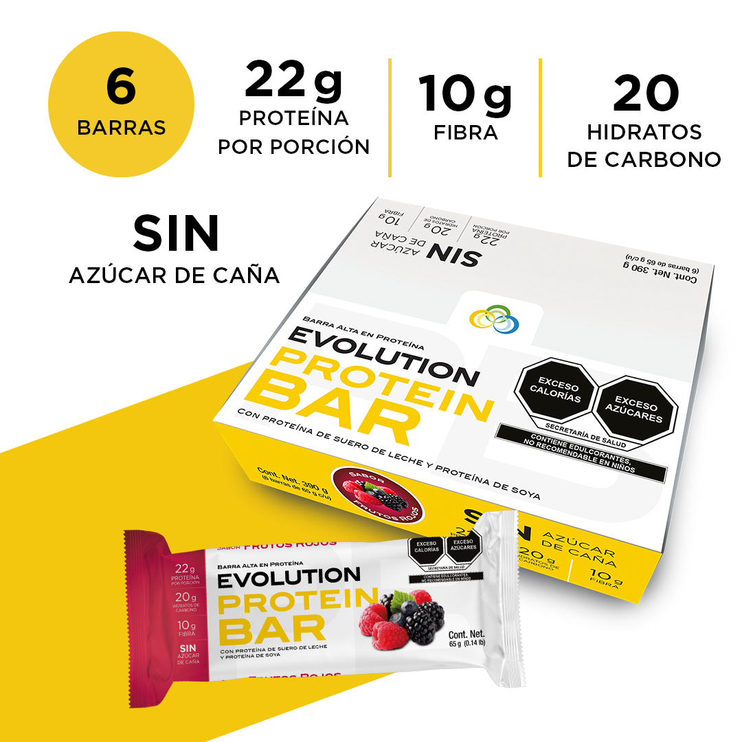  Evolution. Protein Bar, Sabor Frutos Rojos, Caja Con 6 Barras, Cada Una De 65 Gr
