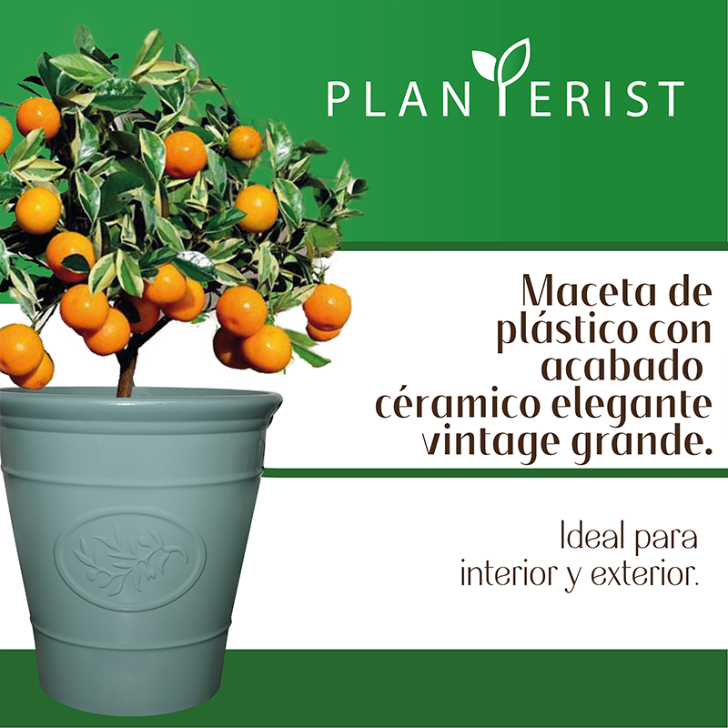 Planterist - Maceta grande - Acabado cerámico elegante vintage - Decorativa, moderna para interior o exterior - Súper resistente - Ideal para patio, jardín, terraza - Hecha de plástico PP reciclado anti UV - Medidas: 40 cm de diámetro x 41 cm de alto. Volumen interno 33.4L (Verde Brilloso)