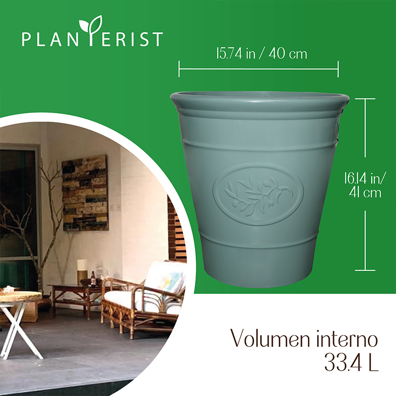 Planterist - Maceta grande - Acabado cerámico elegante vintage - Decorativa, moderna para interior o exterior - Súper resistente - Ideal para patio, jardín, terraza - Hecha de plástico PP reciclado anti UV - Medidas: 40 cm de diámetro x 41 cm de alto. Volumen interno 33.4L (Verde Brilloso)