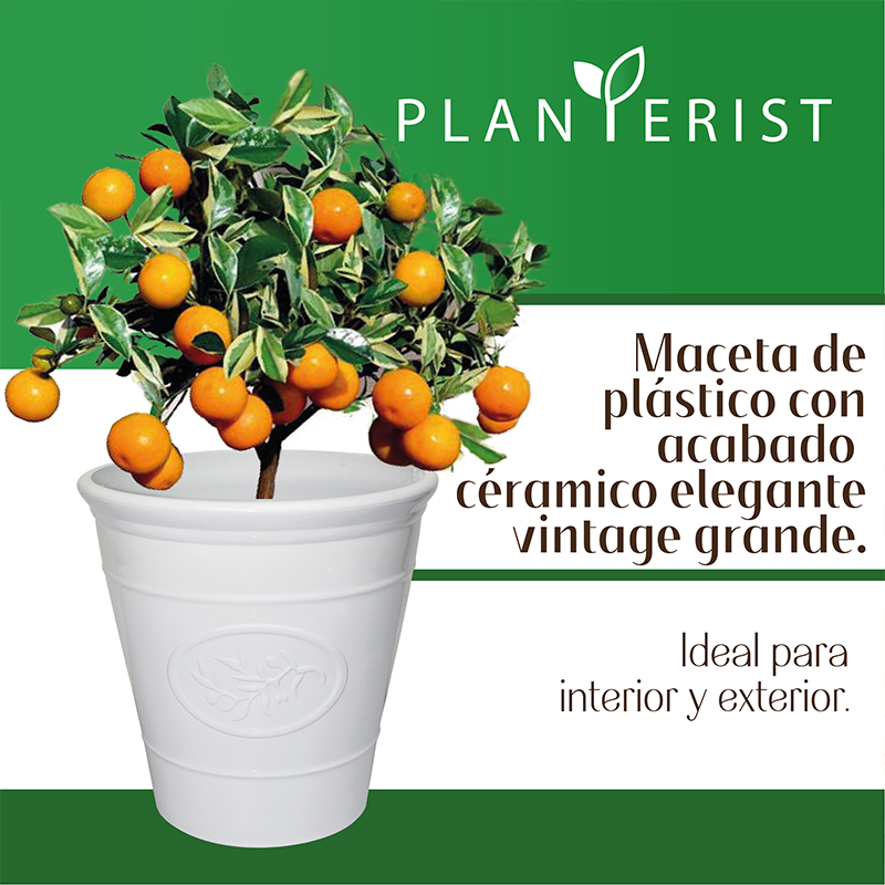 Planterist - Maceta grande - Acabado cerámico elegante vintage - Decorativa, moderna para interior o exterior - Súper resistente - Ideal para patio, jardín, terraza - Hecha de plástico PP reciclado anti UV - Medidas: 40 cm de diámetro x 41 cm de alto. Volumen interno 33.4L (Blanco Brilloso)