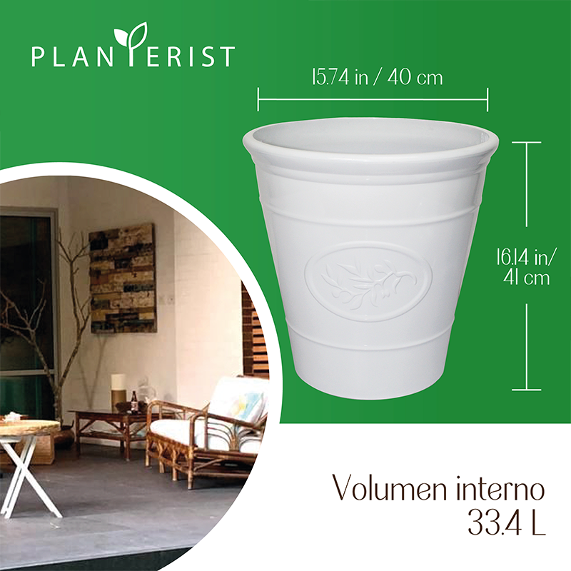 Planterist - Maceta grande - Acabado cerámico elegante vintage - Decorativa, moderna para interior o exterior - Súper resistente - Ideal para patio, jardín, terraza - Hecha de plástico PP reciclado anti UV - Medidas: 40 cm de diámetro x 41 cm de alto. Volumen interno 33.4L (Blanco Brilloso)